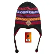 HANDMADE ANDEAN ALPACA DARK GREEN REVERSIBLE RED HAT WITH EAR FLAPS