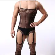 [SMDSAZ] Men's Sexy Sissy Lingerie Leggings Mesh Catsuit Cross-Dressing Gay (Color : YD-1507-Black)