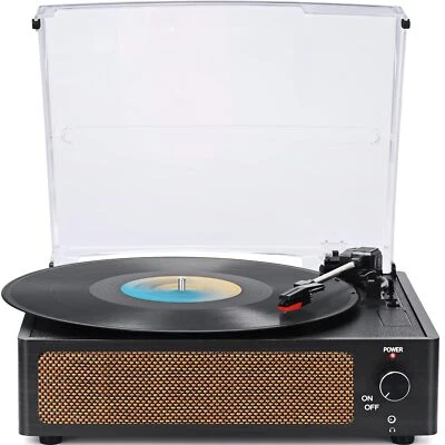Vintage Black Turntable Record Player Wireless Bluetooth Built In Speaker 3 S...