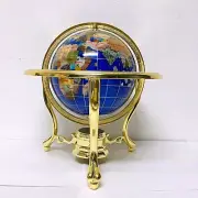 10" Tall Table Top Blue Pearl Swirl Ocean Gemstone World Globe Tripod Gold