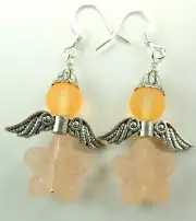 Orange Glass Flower Angel Dangle Earrings with Frosted Beads Handmade Jewelry