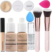 PHOERA Foundation,Full Coverage Foundation,PHOERA Primer,PHOERA Powder,PHOERA Concealer PHOERA Makeup Set, Kabuki Makeup Brushes Foundation Brush Powder,2 Makeup Sponge (102 Nude + 104 Buff Beige)