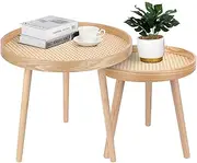 [ZYBT] Round Coffee Table Set of 2, Natural Boho Coffee Table, Small Mid Century Modern Rattan Coffee Table, Boho Side Table End Tables for Living Room Bedroom Office Balcony, YMXZY04080