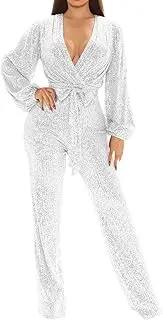 [Generic] Women Jumpsuits Sexy Women's Fashion Casual Sexy V Neck Long Sleeve Sequin Jumpsuit Wide Leg Pants Jumpsuit Jumpsuits for Women Sexy Plus