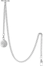 [TREEWETO] Men's Double Albert Chain Pocket Watch Curb Link Key Chain 2 Hooks with Antique Life Tree Pendant Design Charm Fob T Bar