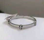 NWT Tory Burch Classic Logo Hinge Medium Bangle Bracelet Silver