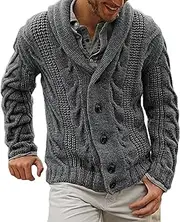 [JEShifangjiusu] Men Knitted Cardigan Sweater Button Cardigan Shawl Collar Sweater Casual Jersey Ribbed Jacket Coat, grey, L