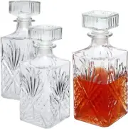 Whiskey Decanter Set Of 3 Glass Bourbon Wine With Stopper Etched Scotch Liquor