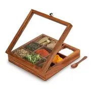 Handmade Wooden Table Top Masala Dabba Containers Kitchen Spice Box with Spoon