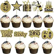 Gyufise 36Pcs Happy 60th Birthday Cupcake Toppers Glitter Black Gold Sixty Hello 60 Vintage 1965 Cupcake Picks Cheers to 60 Years 60 Fabulous Cake Decorations for 60th Birthday Party Supplies