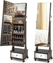 Giantex Standing Jewelry Armoire, Lockable Movable Jewelry Organizer w/Full-Length Mirror, Vanity Mirror, 3-Color LED Lights, Shelves & Drawers, Jewelry Cabinet w/Wheels & Adjustable Angles (Coffee)