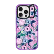 iPhone 16 Pro Impact Ring Stand Case MagSafe Compatible Girly Pink Navy Blue Watercolor Flowers Roses Leaves Pattern Clear