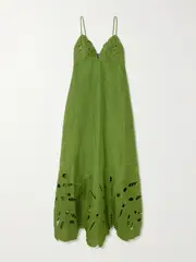 [Farm Rio] Farm Rio - Appliquéd Broderie Anglaise Linen Midi Dress - Green - xx small xx small Green