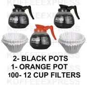BUNN Coffee Pots 2 Black &1 Orange Decaf 12 Cup 64oz & 100 FREE CF12 FILTERS