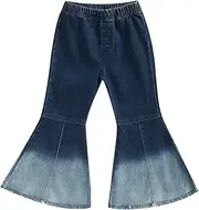 [Lefyira] Toddler Kids Girls Bell Bottom Jeans Ruffle Flare Raw Hem Denim Pant Trousers High Waisted Wide Leg Pants Leggings