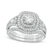 1.20 CT. T.W. Natural Diamond Double Cushion Frame Bridal Engagement Ring Set in Solid 14K White Gold