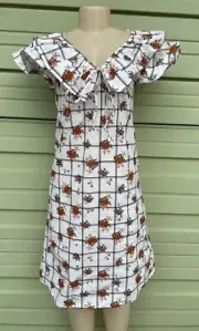 New Zara White Floral Ruffle Collar Midi Dress Bohemian deep V neck size S #5890