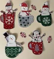 5 Hot Cocoa Cups w/ Marshmallow Snowmen - Iron On Fabric Appliques - Christmas