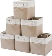 [MidmmVick] 11 x 11 Inch Cube Storage Bins, 6 Pack Large Collapsible Fabric Storage Bin with Ropes, Foldable Storage Cubes for Home, Office,Closet, Clothes, Toys Organizer (White & Beige-11"x11"x11")