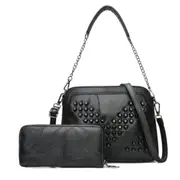 2 in 1 Pure Color Fashionable PU Leather Rivet Women's Handbag Single-shoulder Bag Messenger Bag(Black) (V Rivet)