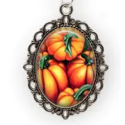 Pumpkins Patch Halloween Autumn Glass Top Oval Pendant Necklace Photo Jewelry