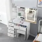 Modern White Makeup Vanity Desk with LED Lights Mirror and Stool Bedroom Girls