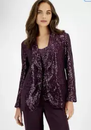 Anne Klein Sequin Purple Open One Button Front Blazer Jacket Coat Size S Small