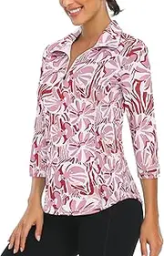 [Luranee] Womens 3/4 Roll Sleeve 1/4 Zip Pullover Golf Shirts Athletic Hiking Running Workout Tops UPF 50+