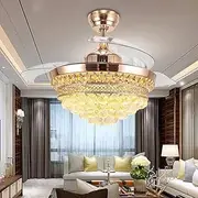 FanLighting 42 Inch Invisible Reversible Ceiling Fan with LED Lights and Remote Control, 4 Retractable Blades Fan Chandelier for Dining Room, Indoor Crystal Ceiling Light Kits with Fans (Gold)