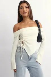 White Off Shoulder Top Long Sleeve Ruched - Size 12M, Women's Crop Knitted