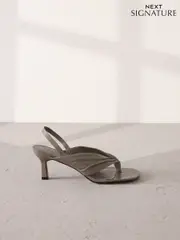 Taupe Signature Premium Leather Toe Thong Slingback Heels (AP7465) | $129