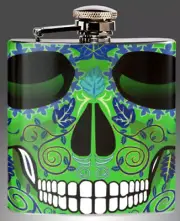 Green Sugar Skull Flask Funnel Set 6oz Dia de los Muertos GREEN Stainless Steel