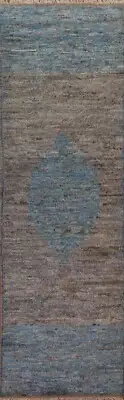 Abstract Gray/ Light Blue Moroccan Runner Rug 10' 0" x 2' 9" Wool Hand-knotted