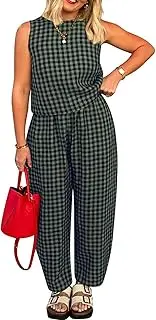 [loveimgs] Women 2 Piece Pants Set Lounge Summer Outfit Sleeveless Plaid Vest Tank Top Tracksuit Lightweight Pants Set
