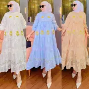 Embroidery Kaftan Women Muslim Maxi Dress Lace Abaya Lace Up Caftan Islamic Robe