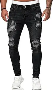 [HUNGSON] Men's Blue Slim Fit Jeans Stretch Destroyed Ripped Skinny Jeans Side Striped Denim Pants