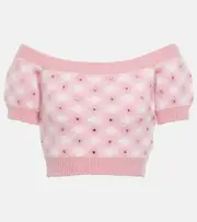 [Alessandra Rich] Alessandra Rich Off-shoulder mohair-blend checked top AU 14 pink