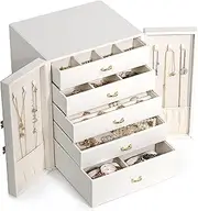 Large Leather Jewelry Box Luxury Table Top Jewelry Chest 5 Layer Jewelry Display Storage Case Removeable Drawers for Earring Necklace Bracelets Rings Watches Jewelry Holder (White)