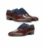 Handmade Men's Leather Monk Strap Buckle Burgundy Blue Two Tone Dress Shoes-143