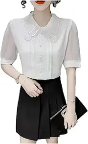 [Generic] Women's Summer Chiffon Shirt Short Sleeve Gauze Pullovers Elegant Women Slim Office Wear Blouses