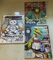 Set/3 Unused Ages 8-12 Coloring Books By Brian Flowers, Dinosaurs, Monkey, Cat