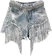 [Jegsnoe] Women's High Waist Denim Shorts Summer Fashion Beaded Rhinestone Sequin Tassel Ripped Jeans Shorts