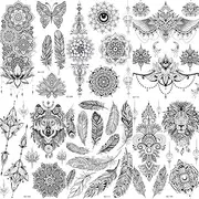 COKTAK 6 Pieces/Lot Unique Sexy Black Temporary Tattoo Stickers For Women Adults Feather Mandala Flower Body Art Large Big Arm Temp Tattoo Sheet Lace Indian Bridal Wedding Tatoo Dreamcatcher Paper OWL