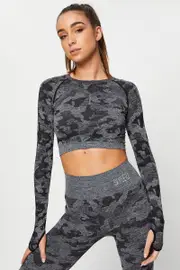 Grey Seamless Camo Activewear Long Sleeve Top - Size L, Women's Aw Crop Top
