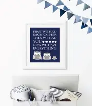 Navy Blue And Gray Baby Boy Owl Nursery Print, Boy Woodland Nursery Decor