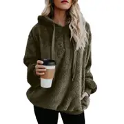 Nevenka Womens Fuzzy Hoodies with Pockets Zipper Oversized Sweatshirt-Army Green