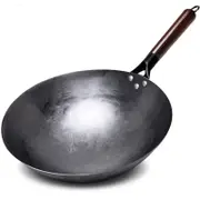 NNEOBA 32cm Hand-Forged Iron Wok Pure Iron Non-Coated Stir Fry Pan Brown