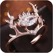 [Sdouefos] Fashion Glittering Zircon Embellished Lovely Rose Gold Elk Antlers Zircon Wedding Ring Exquisite Cute Elk Antler Zircon Crystal Ring Birthday Anniversary Jewelry