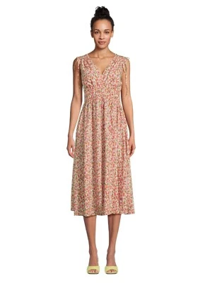 Time and Tru Women's V Neck Smocked Midi Dress Size M Ditsy Blush