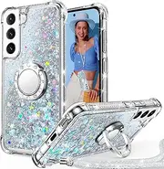 [Unlicaku] for Samsung Galaxy S21 FE Case with Strap, Ring Stand Mobile Phone Case Chain Women Girls Glitter Silicone Liquid Protective Case for Samsung S21 FE, Silver